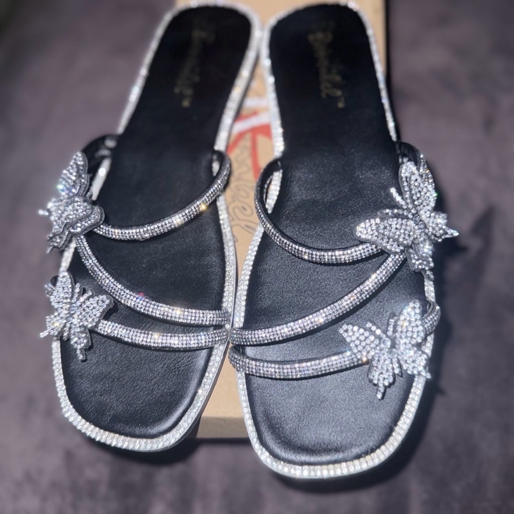 Bonnibel Black Sandals with Silver Butterfly Accents